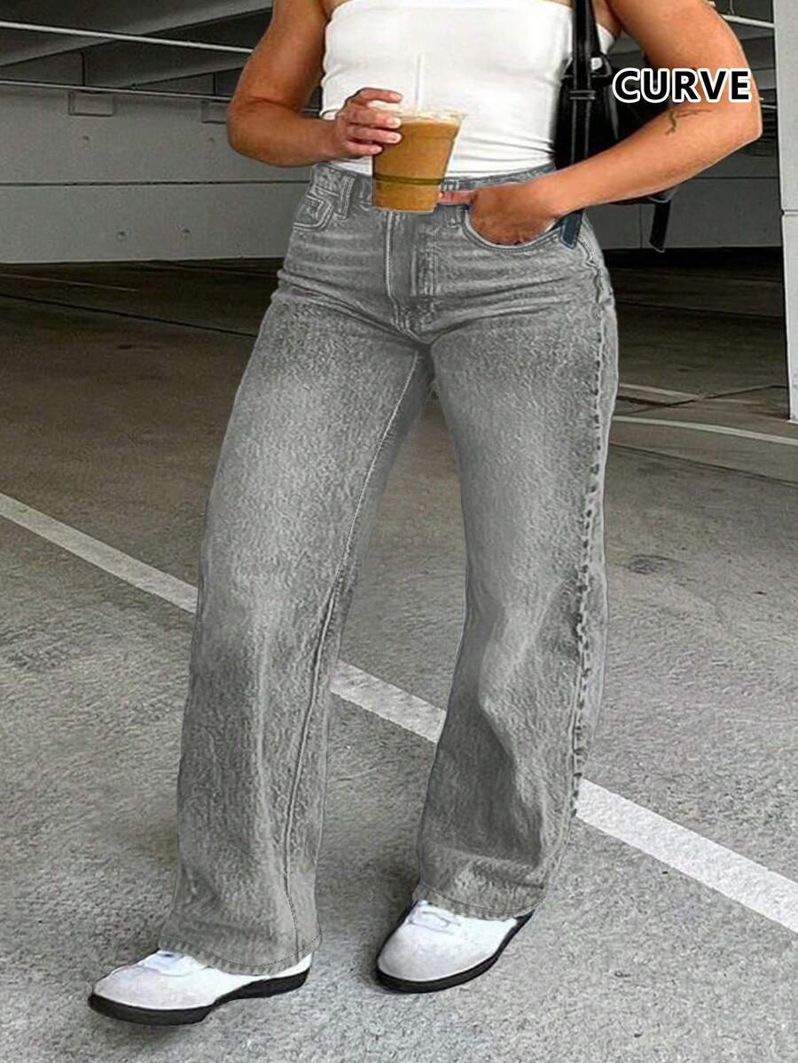 Plus Size Women Casual Denim Jeans, Minimalist Street Style