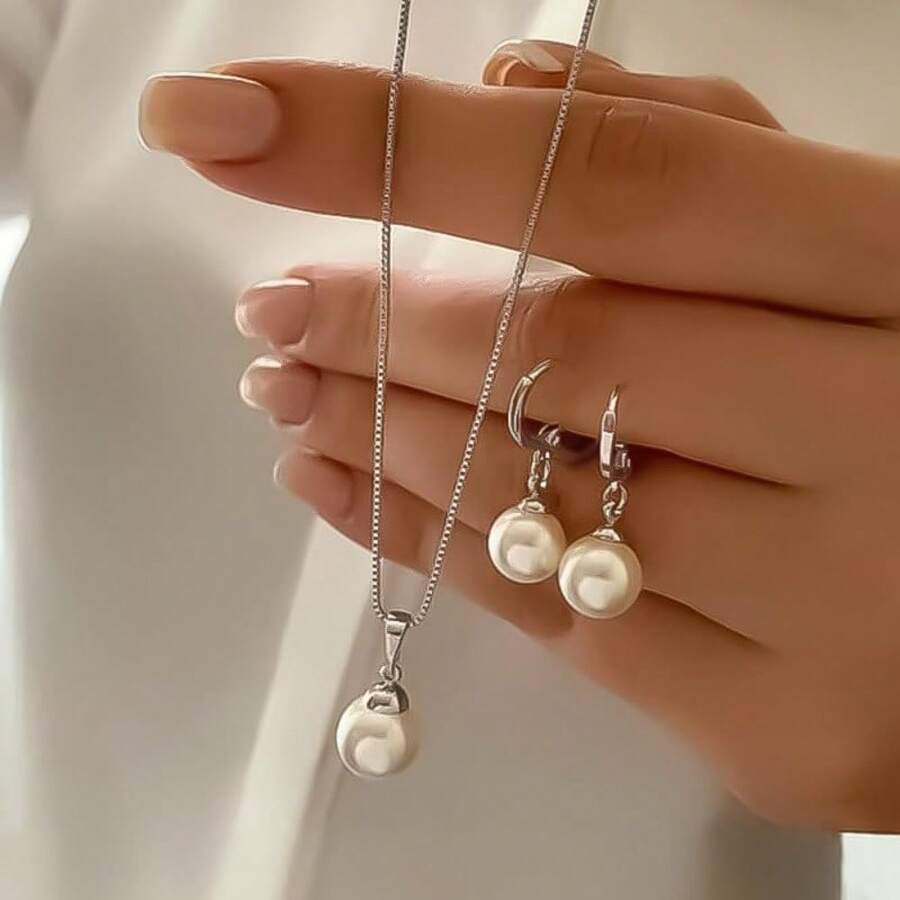 Single Pearl Necklace Earrings Set Silver Gold Plated, Classic Silver 14K Gold Plated Pearl Jewelry Set Adjustable Pearl Choker Necklace Pearl Drop Earrings Dainty Wedding Pearl Jewelry(Silver)