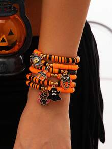 6pcs/Set Gothic Halloween Polymer Clay Beaded Bracelet, Ghost, Bat, Pumpkin Pendant, Vintage Fashion, Dark Night Party Jewelry Gift For Women & Couples