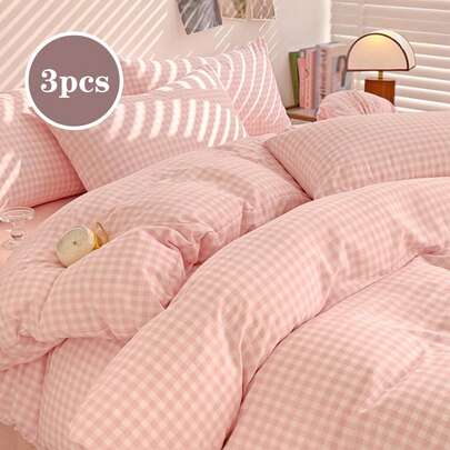 3pcs Pastel Plaid Print Duvet Cover Set, Suitable For Girls & Students, Fresh & Petite, Super Soft & Cute, All Season, Microfiber Duvet Cover Bedding Set, Polyester, Fits Twin/Full/Queen Size Bed