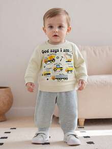 Toddler Baby Boys Fall Winter Outfit Fashionable Tool Cart Print Long Sleeve Sweatshirt Pullover Tops With Solid Color Pants 2 Pcs Outfits - Beige - View 5