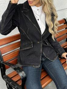 Chaqueta vaquera negra informal para mujer con cuello de solapa y cierre de botones, abrigo estilo bomber de manga larga y corte regular con bolsillos para un look vintage otoñal. - Negro - Ver 5