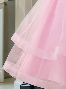 Girls' Party Dress With Floral Embroidery | Cloud-Shoulder Design & Layered Tulle Skirt | Flower Girl And Special Occasion Gown (4-9 Years) - 粉色 - 查看 5