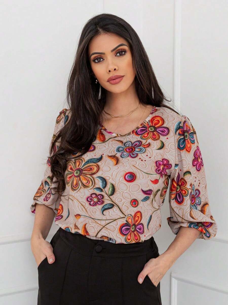 LAN FASHION Women's Printed Blouse With 3/4 Sleeves And Crepe Fabric - 米色 - 查看 1