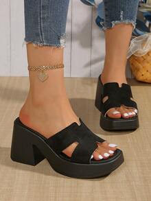 女士厚底拖鞋，露趾粗跟高跟凉鞋，夏季新品 - 黑色 - 查看 3