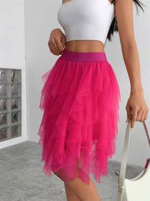 1pc Women's Asymmetrical Layered Ruffle Mesh Tulle Skirt, Cake Skirt - Hot Pink - View 3