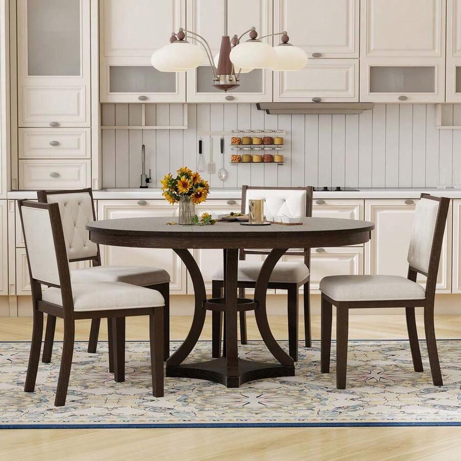 MERAX 5-Piece Retro Functional Dining Table Set Extendable Round Table ...