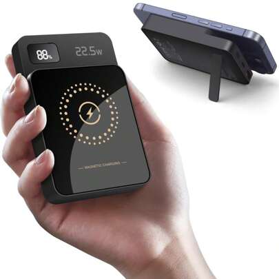 Magnetic Wireless Fast Charging Power Bank, 10000mAh Portable Charger with LED Display, Magnetisches Kabelloses Ladestation kompatibel mit iPhone 17/16/15/14/13/12/Pro/Mini/Pro Max, 22.5W USB Power Bank with Phone Holder für All Mobile Phones