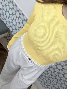 Áo len dệt kim dài tay màu vàng bơ thanh lịch cho nữ ngày lễ tốt nghiệp thường ngày, áo len chui đầu xếp nếp - Màu vàng - Xem 2