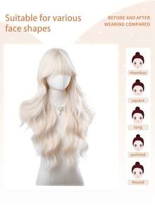 1 Piece Of Synthetic Heat-Resistant Curly Hair With Bangs, Long Rolled White Gold Wig, 28 Inches Long Woven Daily Natural And Realistic Wig (Without Accessories) - Gold - View 2