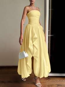 Elegant Sexy Asymmetrical Hem Strapless Yellow Women's Party Dress