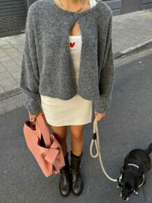 森雅女装秋冬新款单扣圆领长袖针织开衫，灰色宽松休闲日常毛衣上衣，休闲斗篷针织外套 - 深灰色 - 查看 2