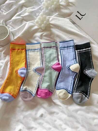 5 Pairs Of Fashionable Color-Block Mid-Calf Socks With Heels