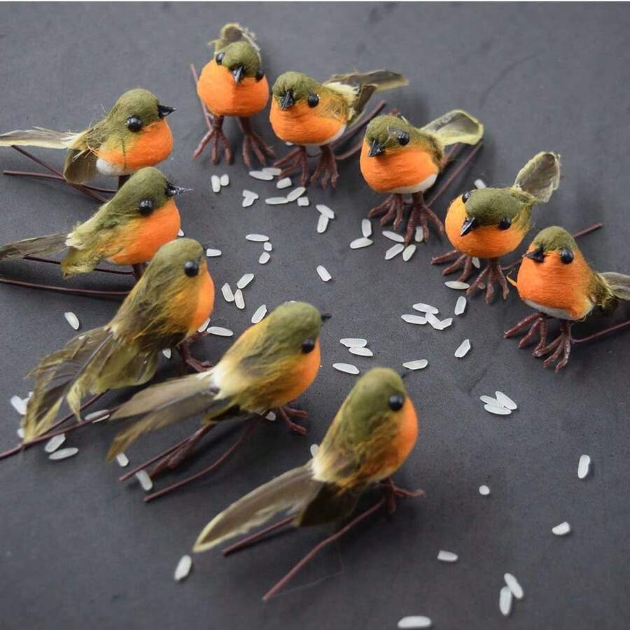 12 Stück Mini süße Rotkehlchen Weihnachtsbaumschmuck, künstliche Federn, orange, Weihnachtsbaumdekoration, Gartendekoration, Outdoor Heim Party Neujahr Dekoration, 5,0 cm x 4,0 cm x 2,0 cm