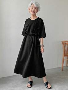 FRIFUL 女式翻盖口袋抽绳腰长款工装连衣裙太阳裙