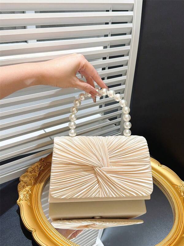 1pc Women's Elegant High-End Pearl Handbag, Classic Sophisticated Twist Design Flap Clutch Suitable For Wedding, Birthday Party, Formal Event, Prom, Comes With Chain