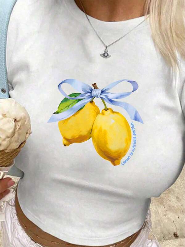 Women's Summer Letter Fruit Printed Cropped Round Neck Short Sleeve Silm Fit Casual T-Shirt,Lemon & Bow Graphic Tees Women Tops,For Summer Women Tee