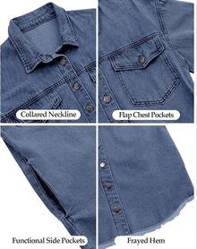 Vetinee Women's Oversized Button Up Frayed Hem Shacket Long Sleeve Pockets Denim Jean Jacket - Bay Blue - 查看 6