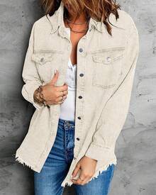 Vetinee Women's Oversized Button Up Frayed Hem Shacket Long Sleeve Pockets Denim Jean Jacket - 奶油捲 - 查看 4