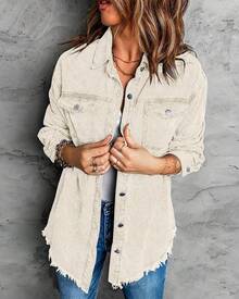 Vetinee Women's Oversized Button Up Frayed Hem Shacket Long Sleeve Pockets Denim Jean Jacket - 奶油捲 - 查看 5