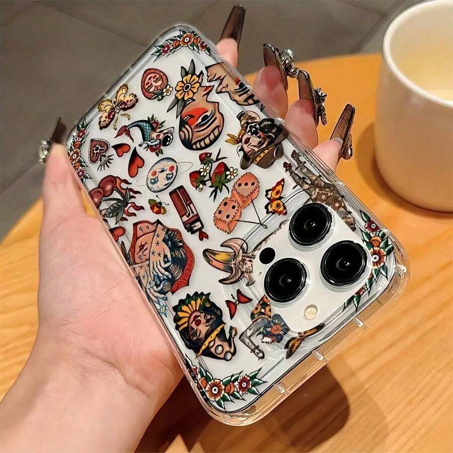 1pc Ultra-Thin Transparent Airbag Minimalist Lens Protection Anti-Drop Full Screen Retro Face Collage Heart Dice Banana Fruit Pattern Phone Case Personalized Compatible With IPhone 16 Pro Max, 15/14 Plus/13/12/11, Series - Trong sáng - Xem 1