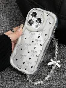 粉色蝴蝶结和粉色爱心全印花手机壳，搭配粉色波浪边珍珠链挂绳套装，兼容 17/16/15/14/13/12/11 Pro Max/14/15/16 Plus/XS/XR/X/8/7 - 無色 - 查看 1