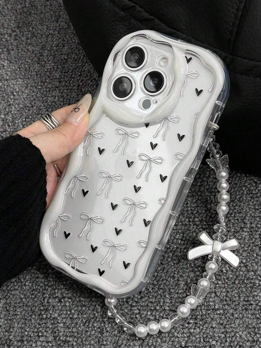 粉色蝴蝶结和粉色爱心全印花手机壳，搭配粉色波浪边珍珠链挂绳套装，兼容 17/16/15/14/13/12/11 Pro Max/14/15/16 Plus/XS/XR/X/8/7 - 無色 - 查看 1