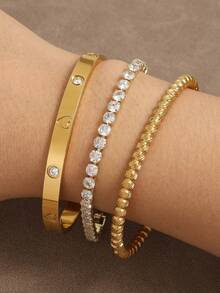2 piezas Elegantes brazaletes de acero inoxidable con baño de oro con forma de corazón, a prueba de agua y antifading, joyería para mujer, regalo para el Día de San Valentín, mamá, madre, Día de la Madre - pulsera - Ver 5
