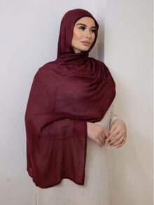Lenço de cabeça feminino de cor sólida em fibra de viscose, lenço/robe/véu muçulmano macio com bordas largas, lenço/xale multifuncional branco, adequado para uso diário, lenço de cabeça tricotado. - Borgonha - Ver 1