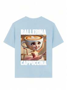 Tween Girl 休闲趣味“意大利 Brainrot Coffee Ballerina”图案印花圆领短袖 T 恤，夏季上衣 - 淺藍色 - 查看 4