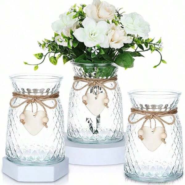 1pc Glass Vase With Wooden Hearts And Rope Modern Clear Textured Flower Vase Home Decor Centerpiece Table Decor Vase (Flowers Not Included) Room Decor
