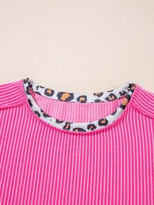 Acelitt Summer Solid Color Patchwork Leopard Print Collar Design Short Sleeve Round Neck T-Shirt Pink Casual - Pink - View 7
