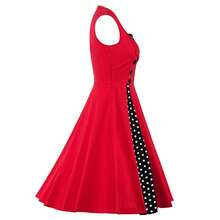Vestido de mujer estilo vintage rockabilly de los años 50: sin mangas, con cuello en pico, estampado de lunares y floral, ideal para cócteles. - Rojo - Ver 4