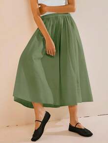 Womens A-Line Midi Skirt Elastic High Waist Pleated Flowy Swing Casual Long Skirt With Pocket - 橄欖綠 - 查看 4