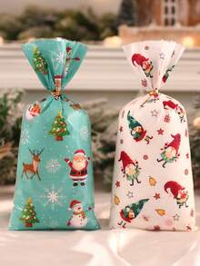 25/50/100pcs Christmas Candy Bag With Golden Ribbon,Santa Claus Snowman Gnome Reindeer Pattern Christmas Gift Bag,Xmas Party Treat Bag,Christmas Party Favor Bag,Christmas Present,Holiday Small Gift,Merry Christmas Packaging Bag,Snack Food Bag,Chocolate Biscuit Baking Bag,Candy Wrapping Bag,Christmas Decoration