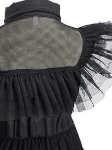 3pcs/Set Girls Black Mesh Ruffle Collar Sleeveless Dress Crown Magic Wand Set Children Witch Costume Girls Role Play Outfit Carnival Halloween Stage Performance Costume Book Week Costume - Black - View 8