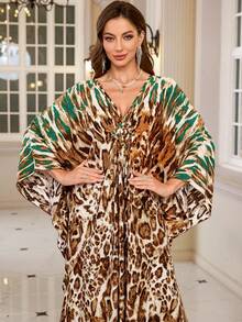 Women's Leopard Print Batwing Sleeve Loose V-Neck Bohemian Style Long Dress Robe - Multicolor - View 4