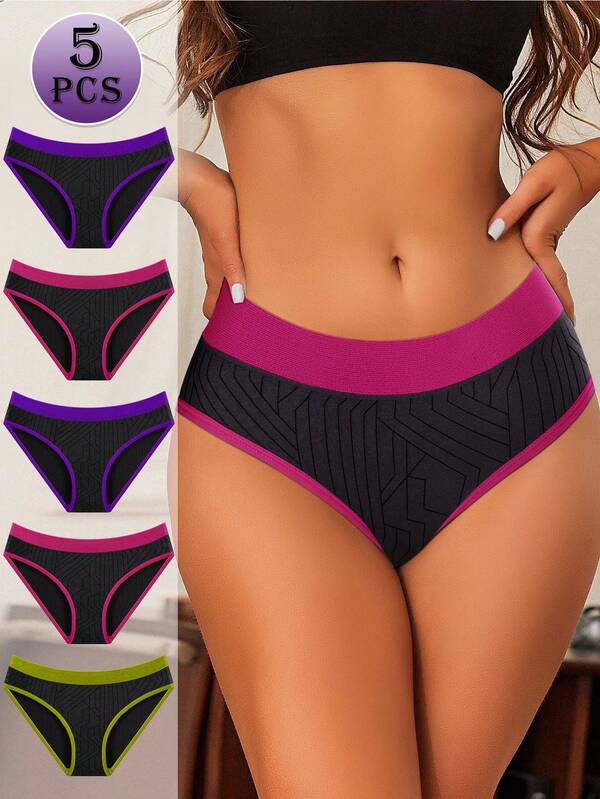 MEIYATING 5pcs Women's Seamless Panties, Low Waist Invisible, Fashion Color Blocking, Comfortable Fit, Black