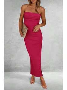 Women's Summer Bodycon Maxi Tube Dress Ribbed Strapless Side Slit Long Going Out Casual Elegant Party DressesHalloween Christmas New Year - 玫紅色 - 查看 6