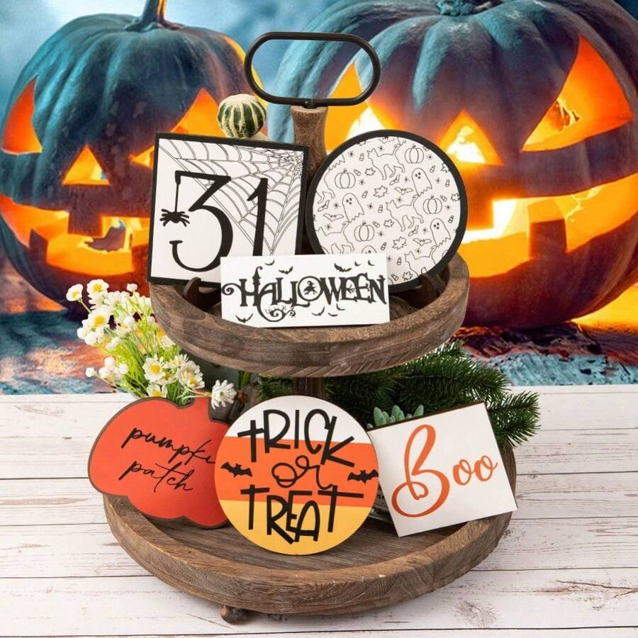 Drewniany stojak na tacę na Halloween, drewniany znak z dynią i pajęczyną, dekoracja stołu w stylu rustykalnym, jesiennym i rustykalnym (taca nie jest dołączona)