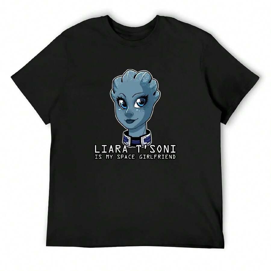 Liara Is My Space Girlfriend تي شيرت عيد الحب بوتيك الملابس قميص الانمي حجم كبير بلايز عادي أبيض تي شيرت الرجال - 黑色 - 查看 1
