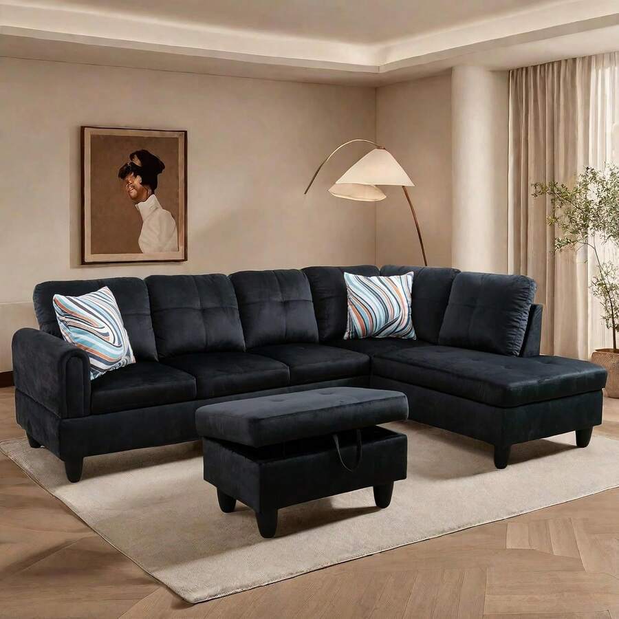 Plush Black Flannel 3-Piece Sofa Set With Storage Ottoman | [2 Options]2 Purchase Options: Complete Set With 2 Pillows Or Ottoman Only, Premium Sectional Couch With Solid Wood Frame, Easy Assembly - 黑色 - 查看 1