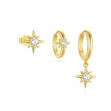 Set Of 3 Pairs Of Luxurious Star-Shaped Earrings With Sparkling Cubic Zirconias - Dorado - Ver 6