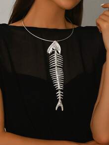 1 chiếc vòng cổ mặt đá quý thủy tinh khảm xương cá phóng đại, vòng cổ choker dự tiệc thời trang cao cấp, phụ kiện trang phục & quà tặng - Bạc - Xem 2