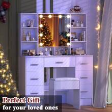 Teousev Makeup Dressing Table With LED Mirror Bedroom Vanity Unit Set With Stool Drawer White ,7-Drawers Vanity Dressing Table Makeup Desk With LED Light Mirror Dresser Desk - White - View 9
