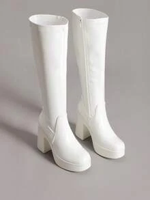 Women's Platform Chunky Heel Knee-High Boots Square Toe Fashionable Solid Color Y2K GoGo Boots - 白色-PAT - 查看 5