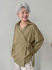 FRIFUL 女士休闲宽松纯色系带衬衫，翻领长袖，秋季 - 卡其色 - 查看 2