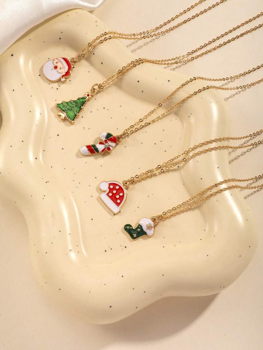 5 件圣诞项链套装，包括圣诞树、圣诞老人、拐杖糖图案、休闲日常颈链 - 5條聖誕項鍊套裝 - 查看 1