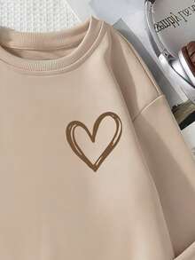 Felpa girocollo a maniche lunghe per ragazze pre-adolescenti/bambine, design minimalista a cuore, vestibilità casual e ampia, top a maniche lunghe versatile - Albicocca - Visualizzare 3