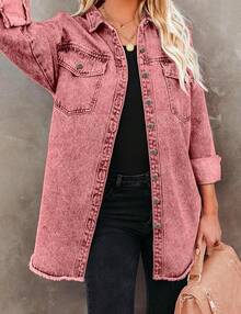Vetinee Women's Oversized Button Up Frayed Hem Shacket Long Sleeve Pockets Denim Jean Jacket - 燒赭石 - 查看 3